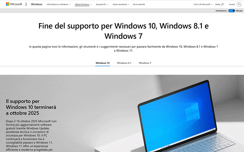 Sito Microsoft Fine supporto Windows 10
